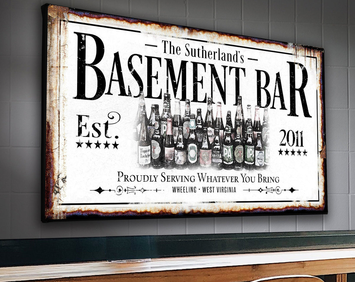 Aeticon Canvas Basement Bar Sign | Custom Bar Sign | Custom Name Sign | Man Cave Sign | Bar Wall Decor | Distressed Sign