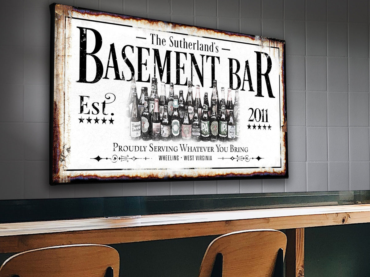 Aeticon Canvas Basement Bar Sign | Custom Bar Sign | Custom Name Sign | Man Cave Sign | Bar Wall Decor | Distressed Sign