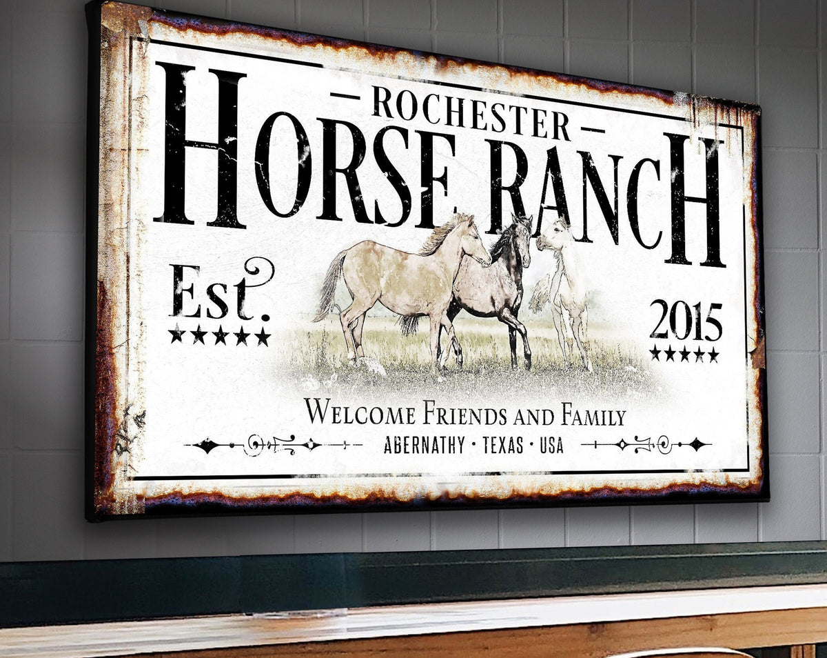 Horse Ranch Sign Canvas | Last Name Farmhouse Sign | Horse Farm Sign | Ranch House Plans | Farm Wall Decor | Distressed Sign