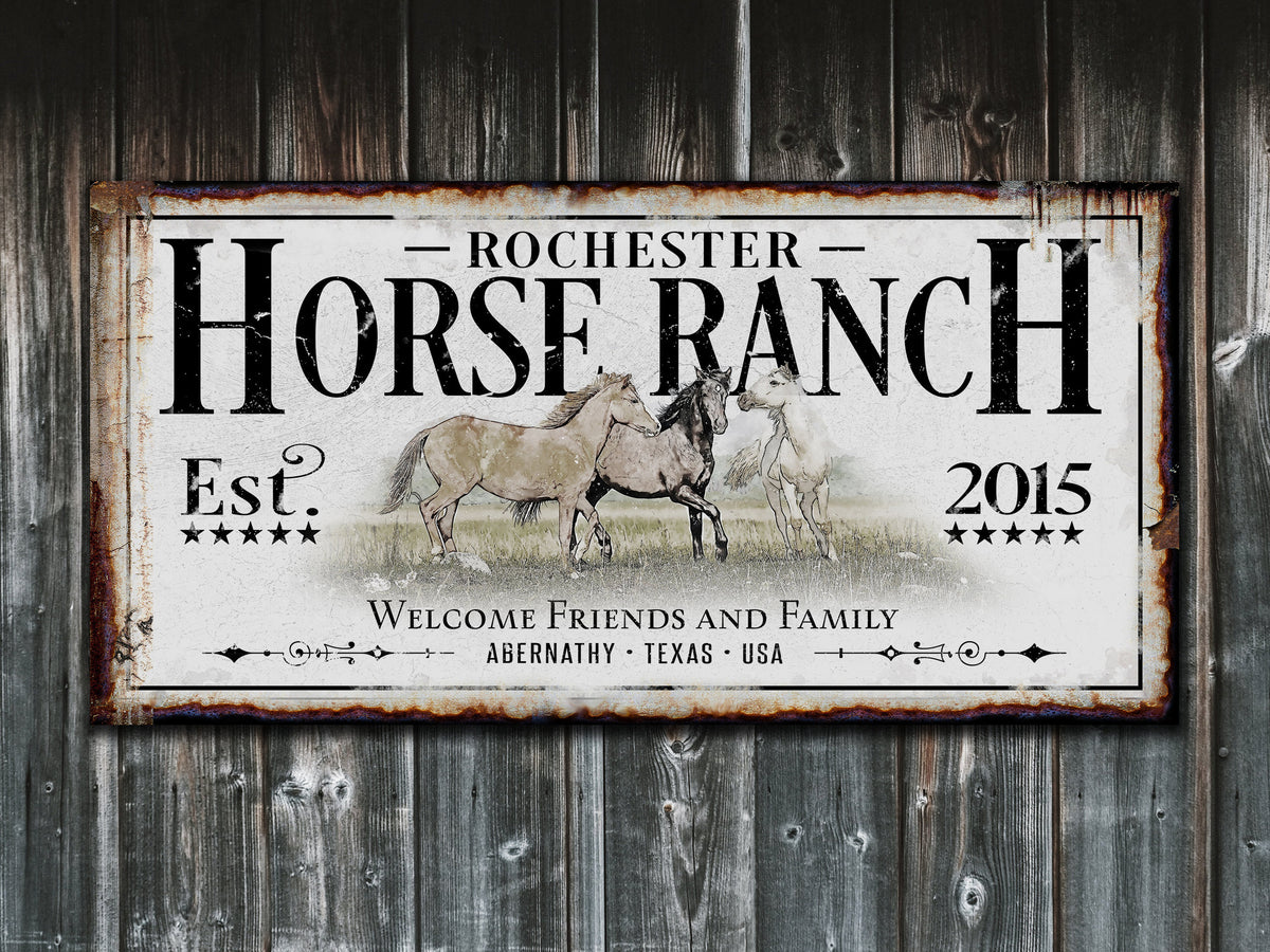 Horse Ranch Sign Canvas | Last Name Farmhouse Sign | Horse Farm Sign | Ranch House Plans | Farm Wall Decor | Distressed Sign