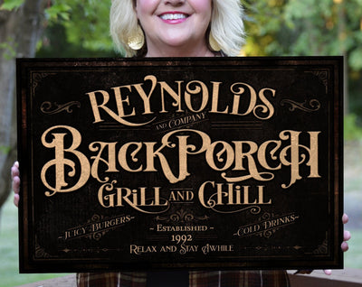 Aeticon Canvas Personalized Back Porch Sign | Back Porch Grill and Chill Sign | Backyard Bar Sign | Back Porch Bar Sign | Backyard Grill Sign