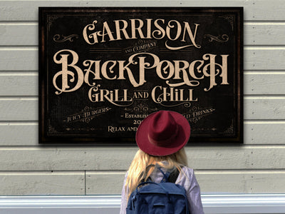 Aeticon Canvas Personalized Back Porch Sign | Back Porch Grill and Chill Sign | Backyard Bar Sign | Back Porch Bar Sign | Backyard Grill Sign