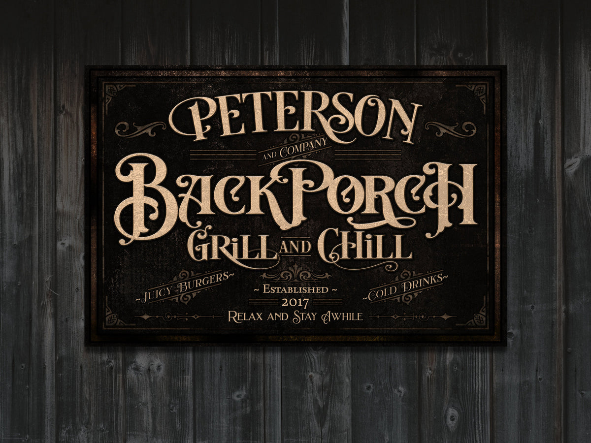 Aeticon Canvas Personalized Back Porch Sign | Back Porch Grill and Chill Sign | Backyard Bar Sign | Back Porch Bar Sign | Backyard Grill Sign