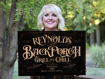 Aeticon Canvas Personalized Back Porch Sign | Back Porch Grill and Chill Sign | Backyard Bar Sign | Back Porch Bar Sign | Backyard Grill Sign