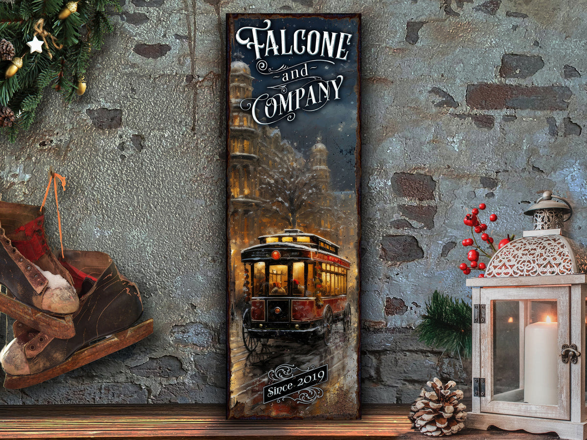 Aeticon Canvas Vintage Streetcar Sign | Winter Streetcar Sign | WInter City Sign | Custom Name Sign | Custom Porch Sign | Vertical Farmhouse Sign