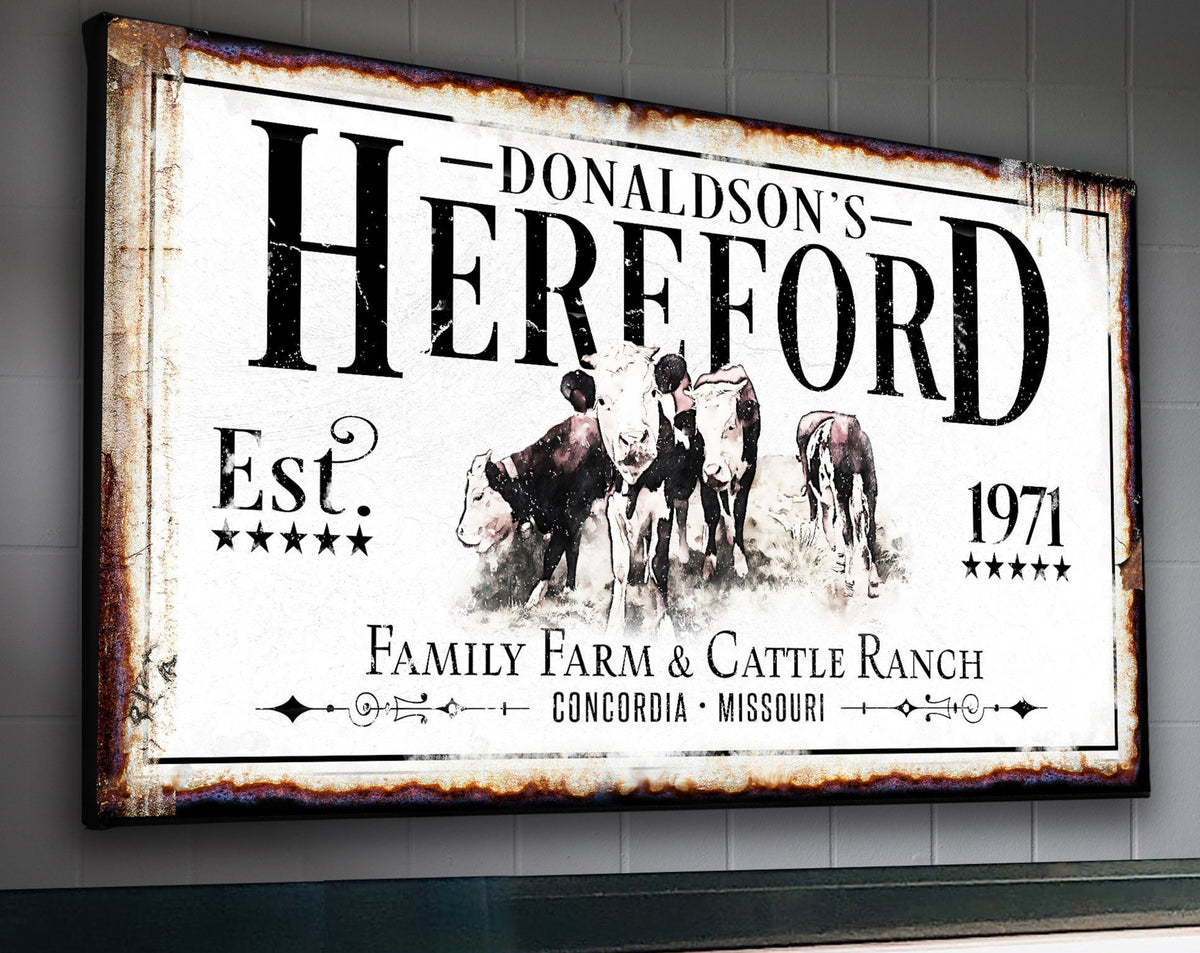Aeticon Canvas Hereford Cattle Ranch Sign | Last Name Farmhouse Sign | Farmhouse Sign | Ranch House Plans | Farm Wall Decor | Distressed Sign