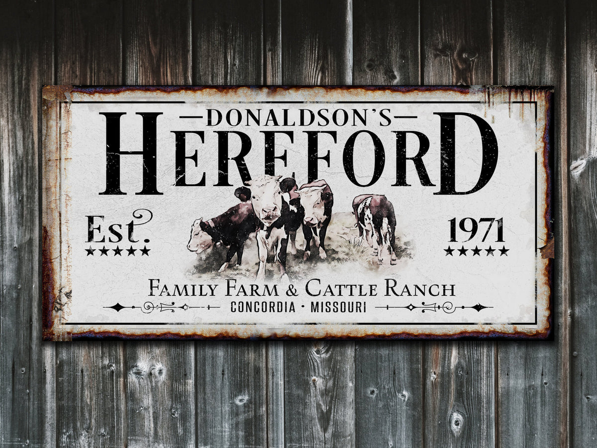 Aeticon Canvas Hereford Cattle Ranch Sign | Last Name Farmhouse Sign | Farmhouse Sign | Ranch House Plans | Farm Wall Decor | Distressed Sign