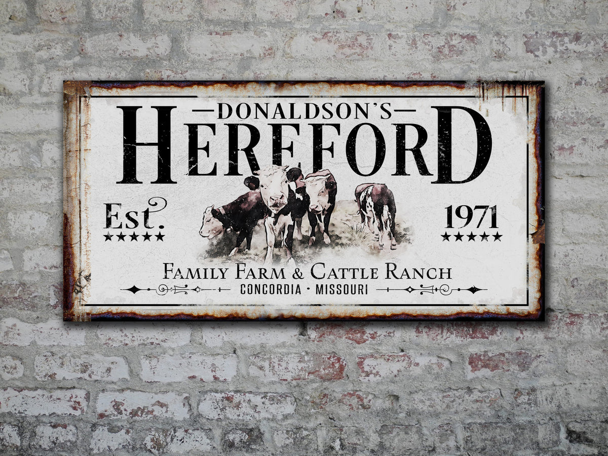 Aeticon Canvas Hereford Cattle Ranch Sign | Last Name Farmhouse Sign | Farmhouse Sign | Ranch House Plans | Farm Wall Decor | Distressed Sign