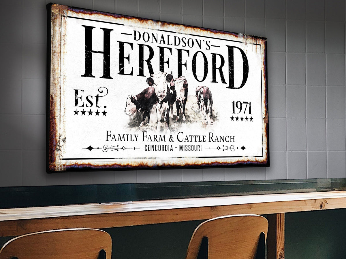 Aeticon Canvas Hereford Cattle Ranch Sign | Last Name Farmhouse Sign | Farmhouse Sign | Ranch House Plans | Farm Wall Decor | Distressed Sign
