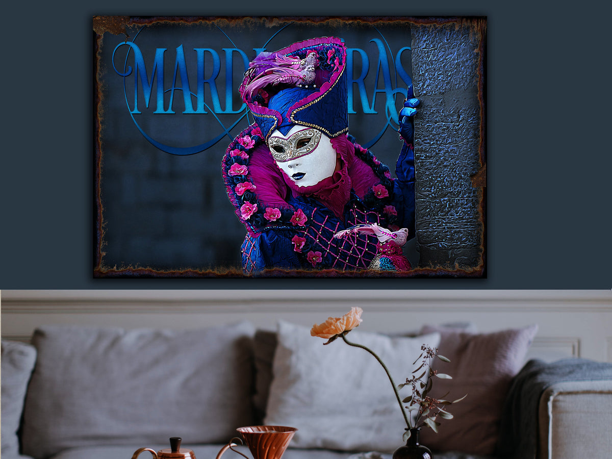 Aeticon Canvas Mardi Gras Mask Decor | Mardi Gras Decorations | Mardi Gras Decor Sign | Urban Rust Mardi Gras | Distressed Mardi Gras 2023