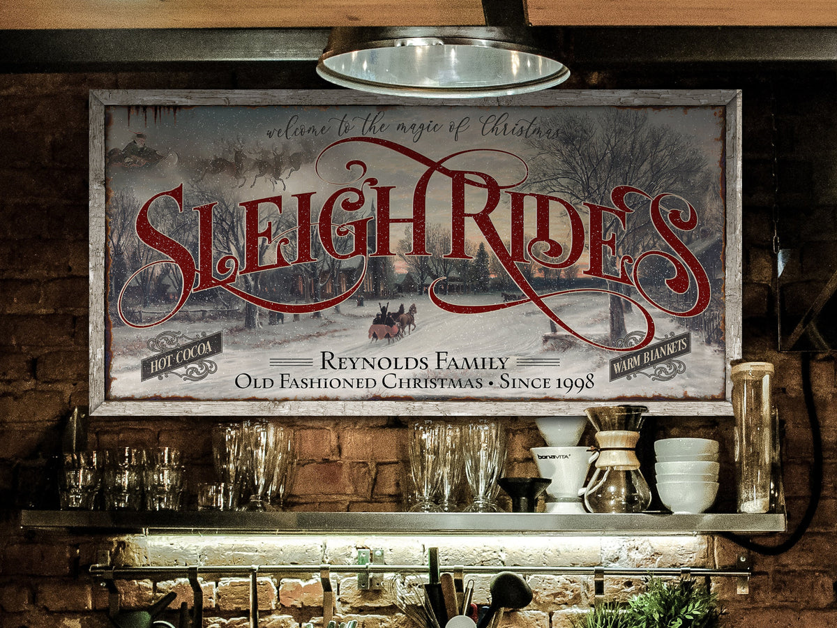Aeticon Canvas Sleigh Rides Sign | Vintage Christmas Decor Sign | Personalized Christmas Sign | Farmhouse Christmas | Farm Wall Decor | Distressed Sign
