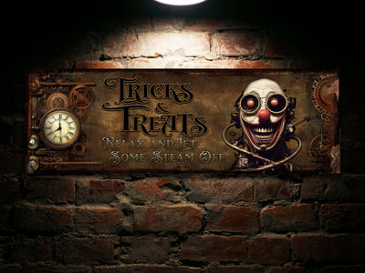 Aeticon Canvas Steampunk Halloween Sign | Steampunk Trick and Treats | Trick or Treat Steampunk | Humorous Halloween Sign | Creepy Halloween Sign