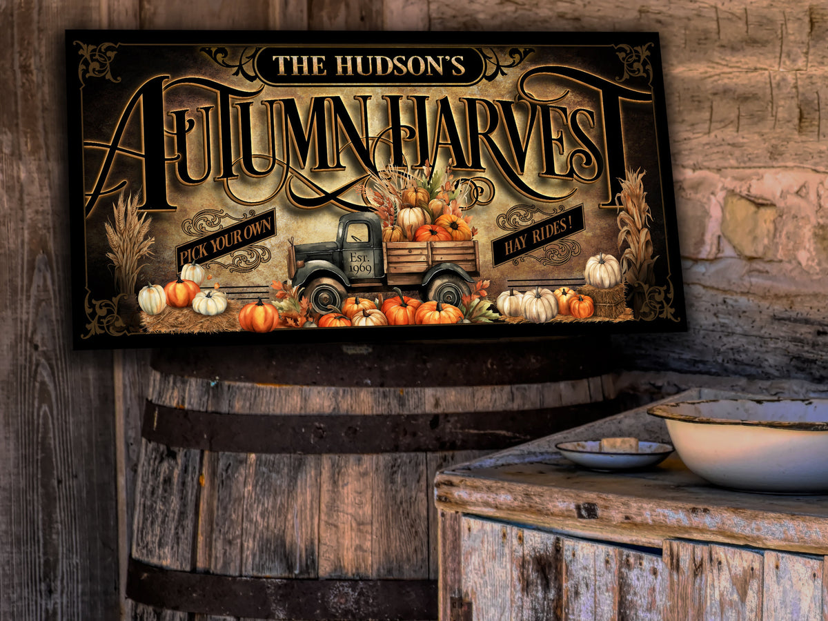 Aeticon Canvas Autumn Harvest Pumpkin Sign | Fall Harvest Pumpkin Sign | Rustic Fall Decor | Pumpkin Truck Vintage Sign | Personalized Pumpkin Sign
