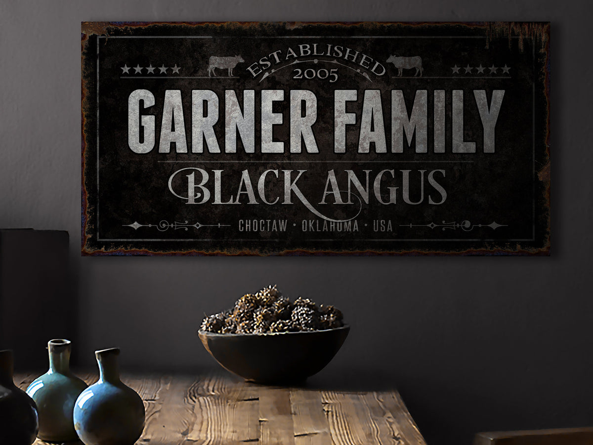 Aeticon Canvas Black Angus Cattle Ranch Sign | Last Name Farmhouse Sign | Black Farmhouse Sign | Ranch House Plans | Farm Wall Decor | Distressed Sign