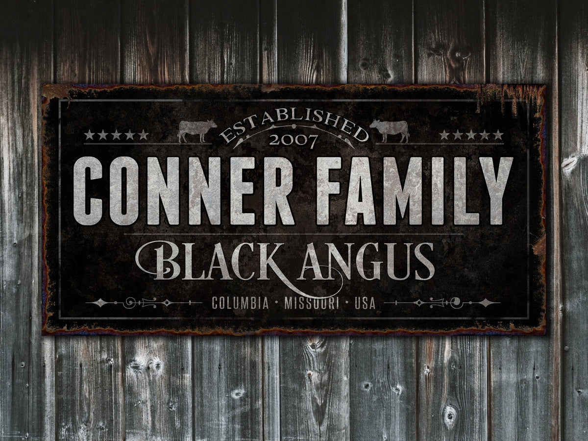 Aeticon Canvas Black Angus Cattle Ranch Sign | Last Name Farmhouse Sign | Black Farmhouse Sign | Ranch House Plans | Farm Wall Decor | Distressed Sign