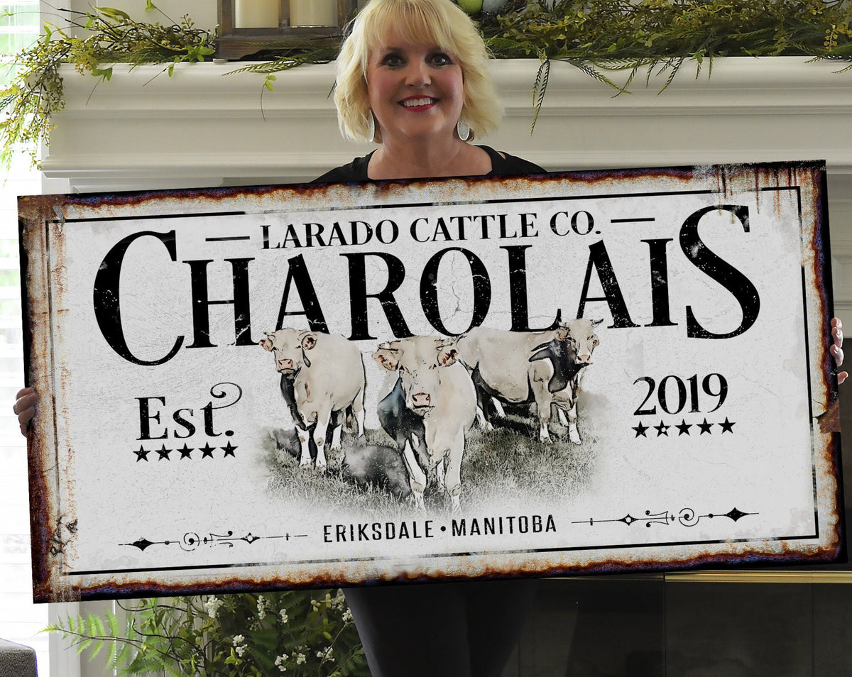 Aeticon Canvas Charolais Cattle Ranch Sign | Last Name Farmhouse Sign | Farmhouse Sign | Ranch House Plans | Farm Wall Decor | Distressed Sign