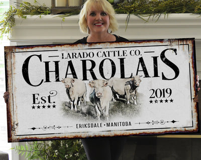 Aeticon Canvas Charolais Cattle Ranch Sign | Last Name Farmhouse Sign | Farmhouse Sign | Ranch House Plans | Farm Wall Decor | Distressed Sign