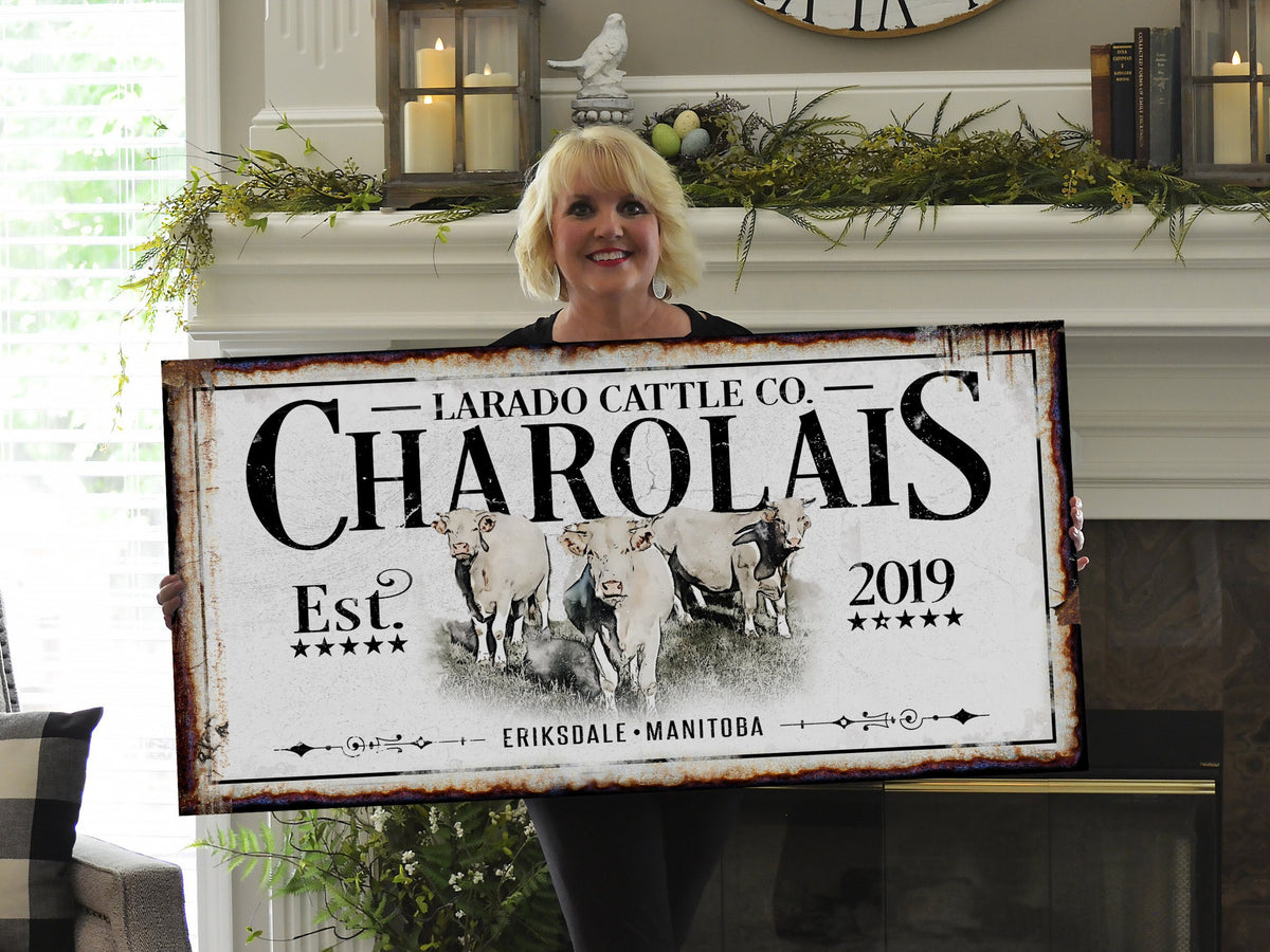 Aeticon Canvas Charolais Cattle Ranch Sign | Last Name Farmhouse Sign | Farmhouse Sign | Ranch House Plans | Farm Wall Decor | Distressed Sign