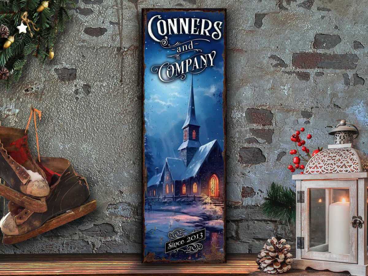 Aeticon Canvas Snowy Vintage Church Sign | Winter Church Sign | Personalized Winter Sign | Custom Name Sign | Custom Porch Sign | Vertical Farmhouse Sign