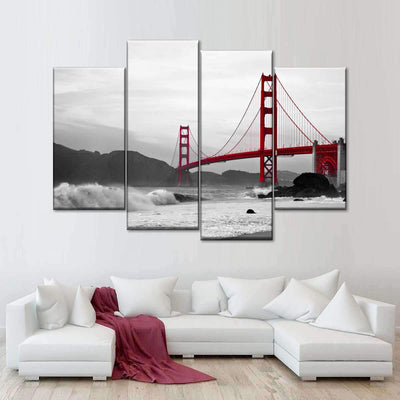 Cloudy Golden Gate Bridge Red Bridge Landscape Multi Canvas Wall Art Ideas, Multi Piece Panel Canvas Home Decor Housewarming Gift Ideas Framed Prints, Canvas