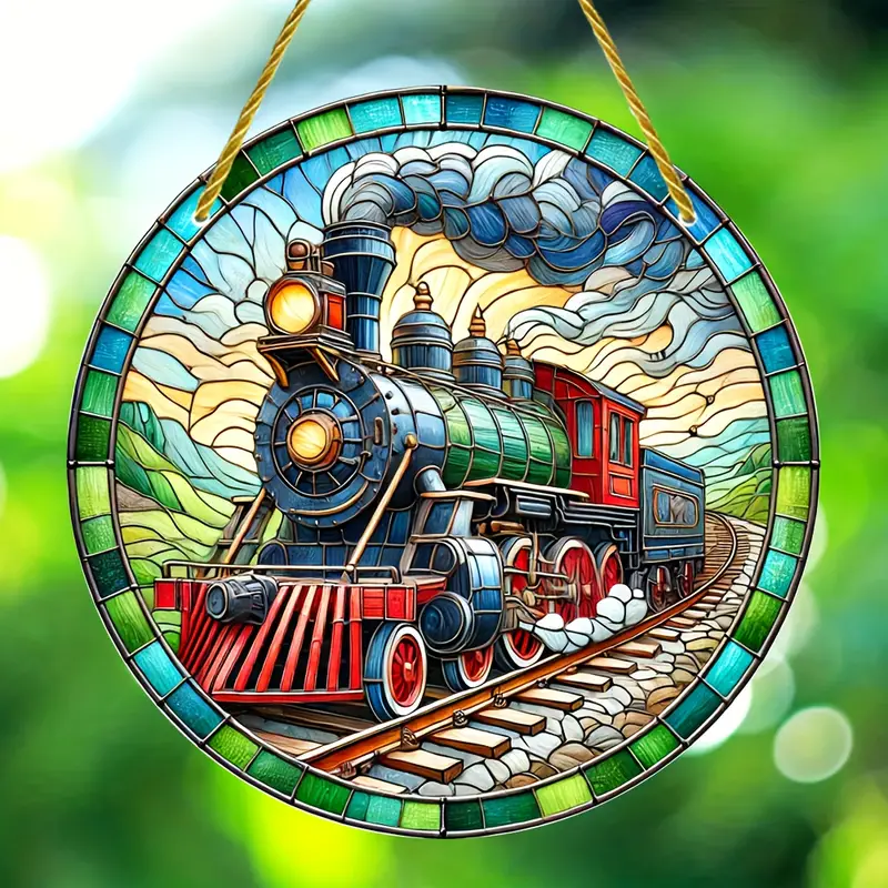 Vintage Train Suncatcher Colorful Acrylic Faux Stained Glass Style