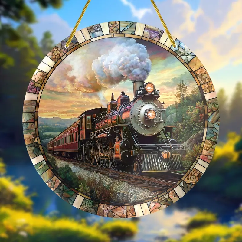 Vintage Train Suncatcher Wall Art Locomotive Design Decorative Glass Window Hangings for Train Enthusiasts