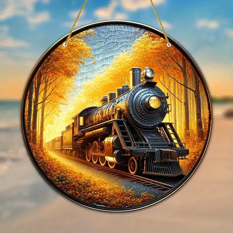 Train Sun Catcher Round Acrylic Stained Window Hanging Decor