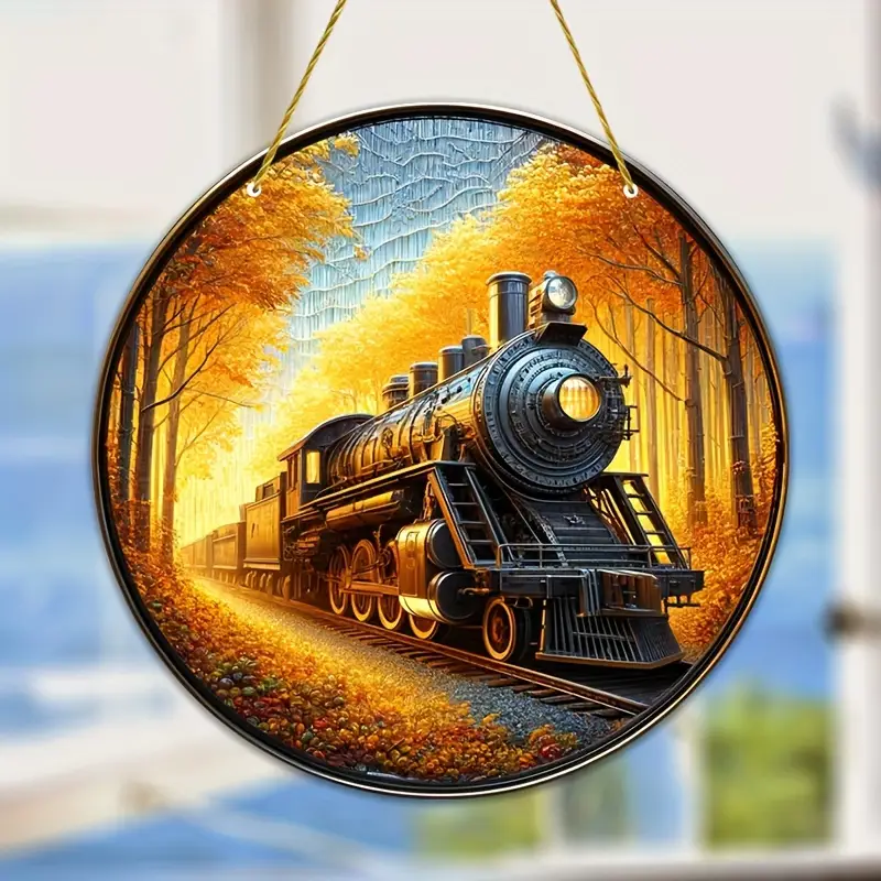 Train Sun Catcher Round Acrylic Stained Window Hanging Decor