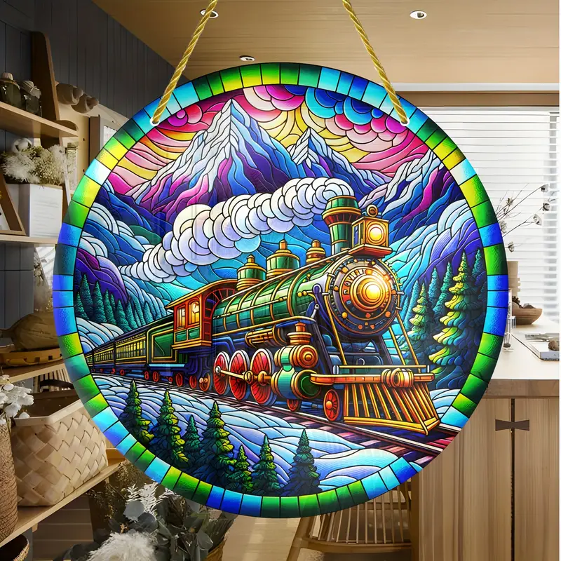 Vintage Steam Locomotive Faux Stained Glass Suncatcher Wall Hanging