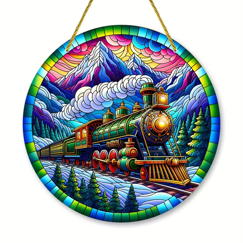 Vintage Steam Locomotive Faux Stained Glass Suncatcher Wall Hanging