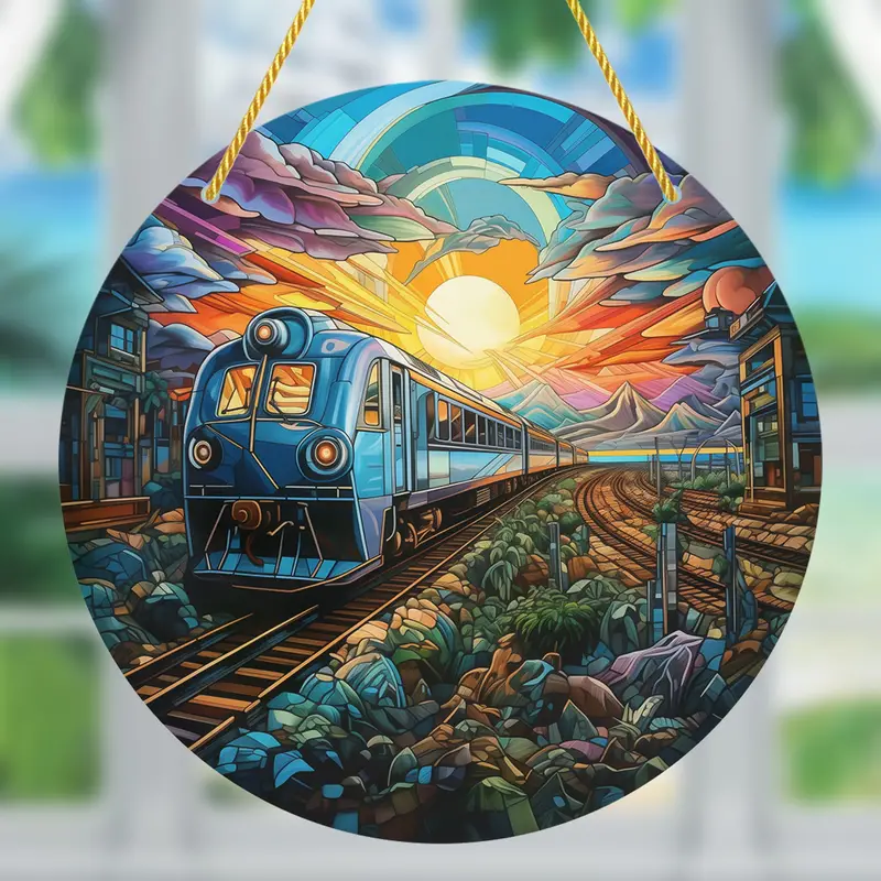 Train Sun Catcher Colorful Window Hanging, Round Acrylic Wall Hanging