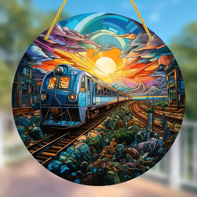 Train Sun Catcher Colorful Window Hanging, Round Acrylic Wall Hanging