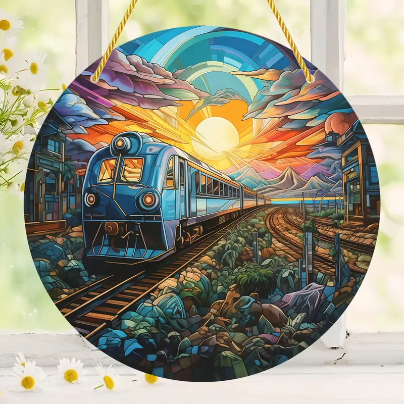 Train Sun Catcher Colorful Window Hanging, Round Acrylic Wall Hanging
