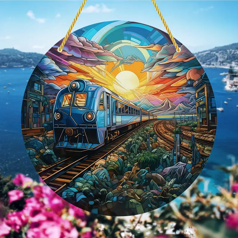 Train Sun Catcher Colorful Window Hanging, Round Acrylic Wall Hanging