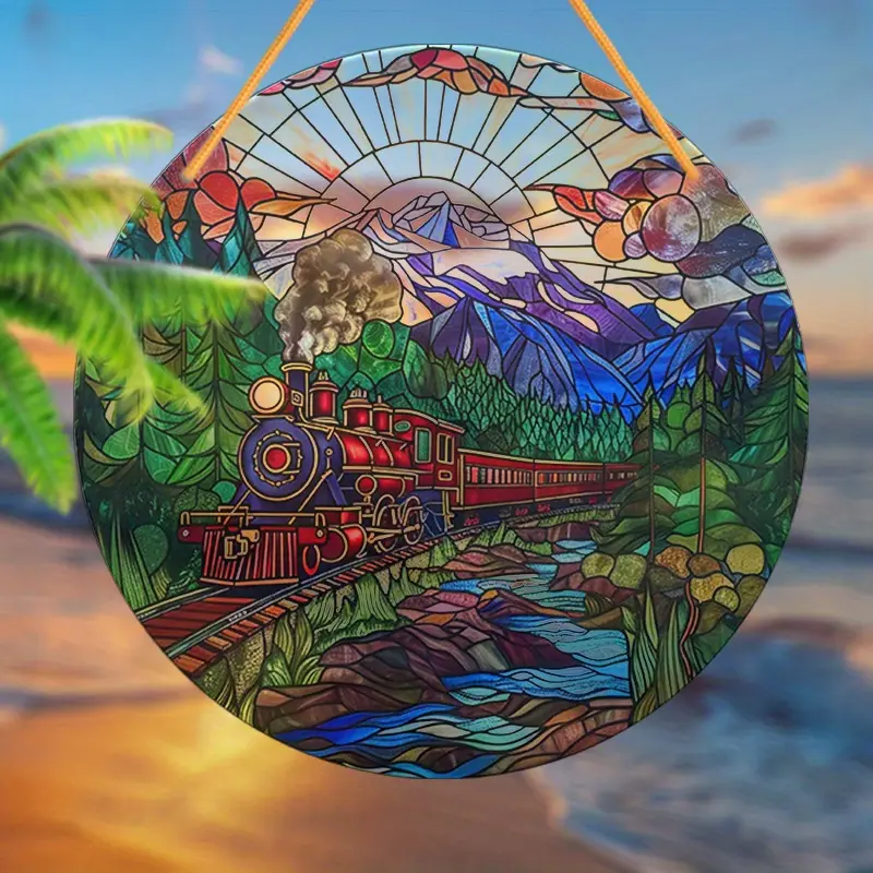 Train Suncatcher Acrylic Wall Hanging Decor Round Faux Stained Glass Style Sign for Living Room