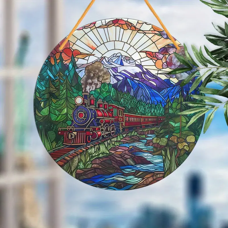Train Suncatcher Acrylic Wall Hanging Decor Round Faux Stained Glass Style Sign for Living Room