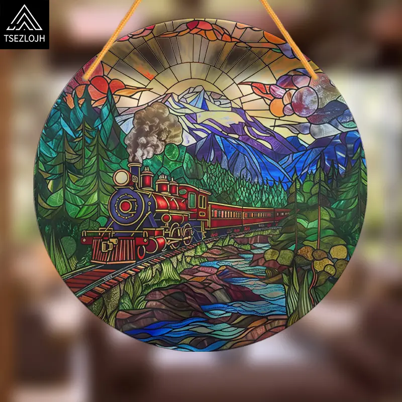 Train Suncatcher Acrylic Wall Hanging Decor Round Faux Stained Glass Style Sign for Living Room