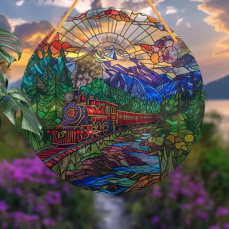Train Suncatcher Acrylic Wall Hanging Decor Round Faux Stained Glass Style Sign for Living Room