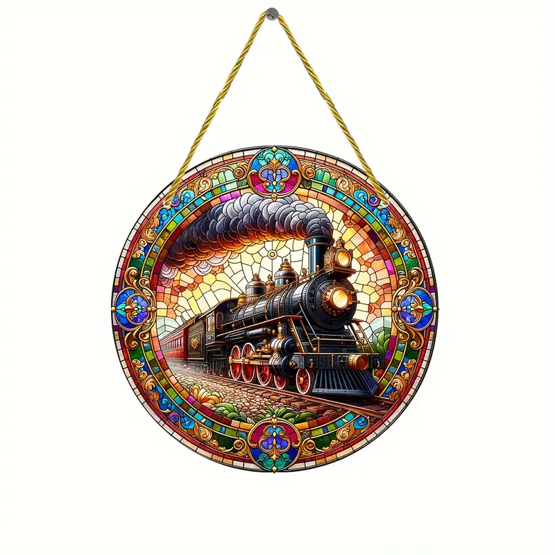 Vintage Train Suncatcher Colorful Faux Stained Glass Look, Round Acrylic Art Sign for Windows