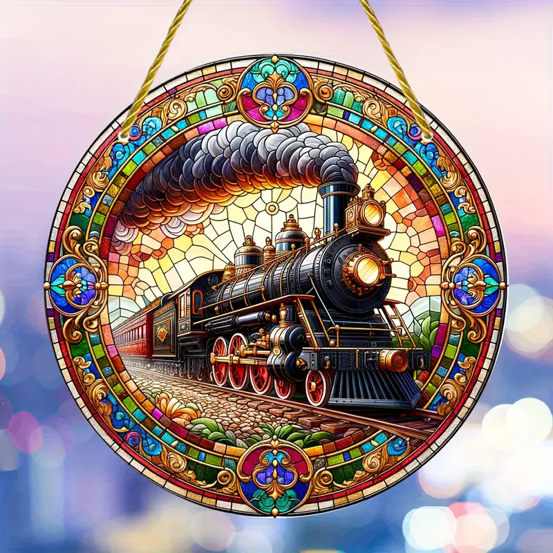 Vintage Train Suncatcher Colorful Faux Stained Glass Look, Round Acrylic Art Sign for Windows