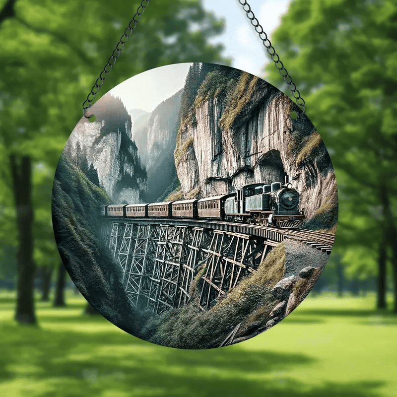 Classic Train Scene Acrylic Suncatcher Wall Sign Wall Hanging Vintage Locomotive Decor Plaque for Home Decor