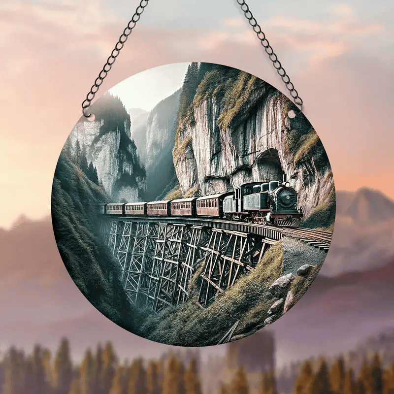 Classic Train Scene Acrylic Suncatcher Wall Sign Wall Hanging Vintage Locomotive Decor Plaque for Home Decor
