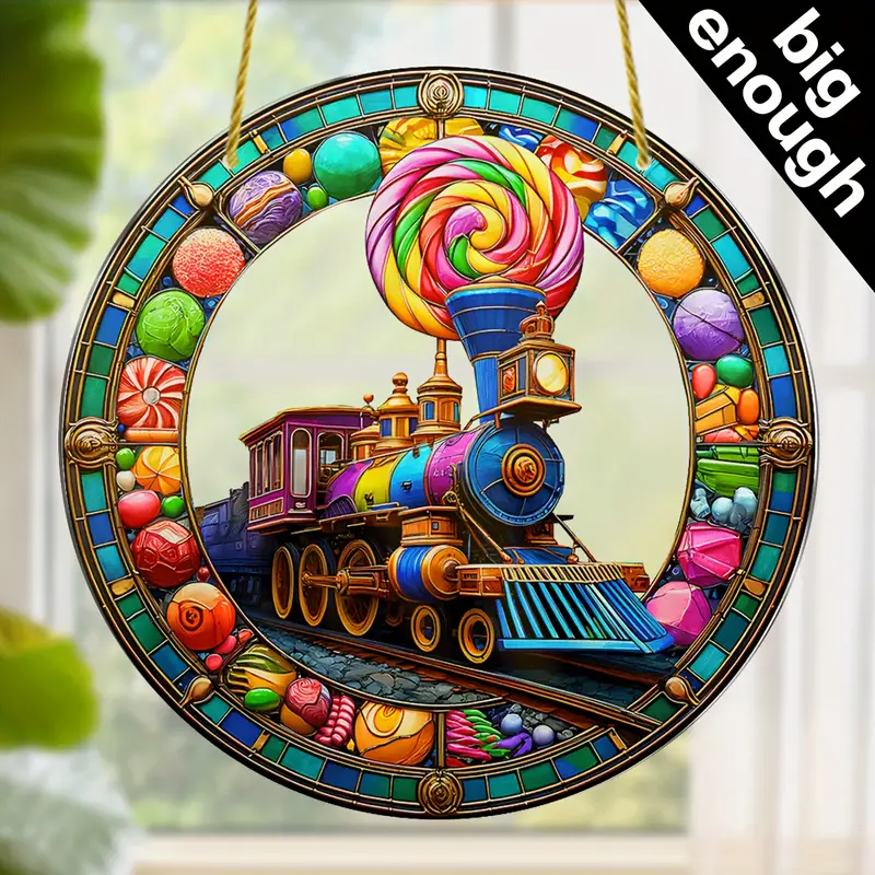 Acrylic Train Suncatcher Round Colorful Window Hanging, Festive Holiday & Everyday Decor, Wreath Sign, Wreath Centerpiece