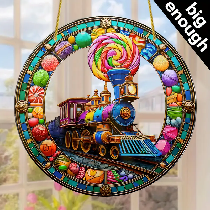 Acrylic Train Suncatcher Round Colorful Window Hanging, Festive Holiday & Everyday Decor, Wreath Sign, Wreath Centerpiece