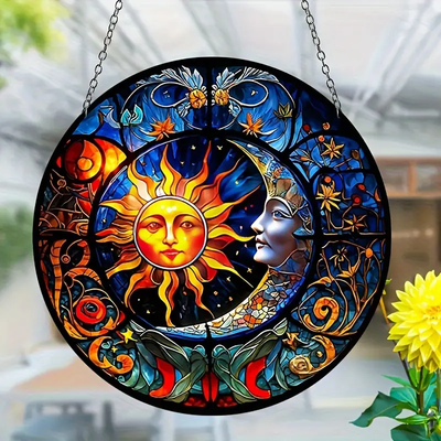 Vibrant Sun and Moon Suncatcher Stained Plastic Window Hanging with Colorful Design