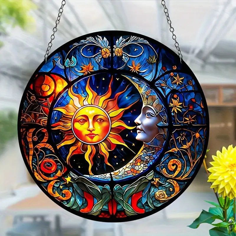 Vibrant Sun and Moon Suncatcher Stained Plastic Window Hanging with Colorful Design