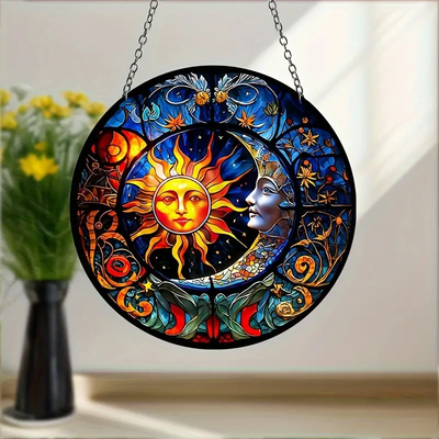 Vibrant Sun and Moon Suncatcher Stained Plastic Window Hanging with Colorful Design