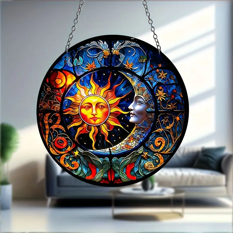 Vibrant Sun and Moon Suncatcher Stained Plastic Window Hanging with Colorful Design