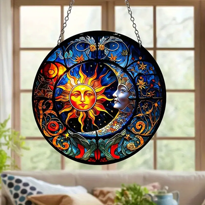 Vibrant Sun and Moon Suncatcher Stained Plastic Window Hanging with Colorful Design