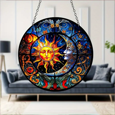 Vibrant Sun and Moon Suncatcher Stained Plastic Window Hanging with Colorful Design